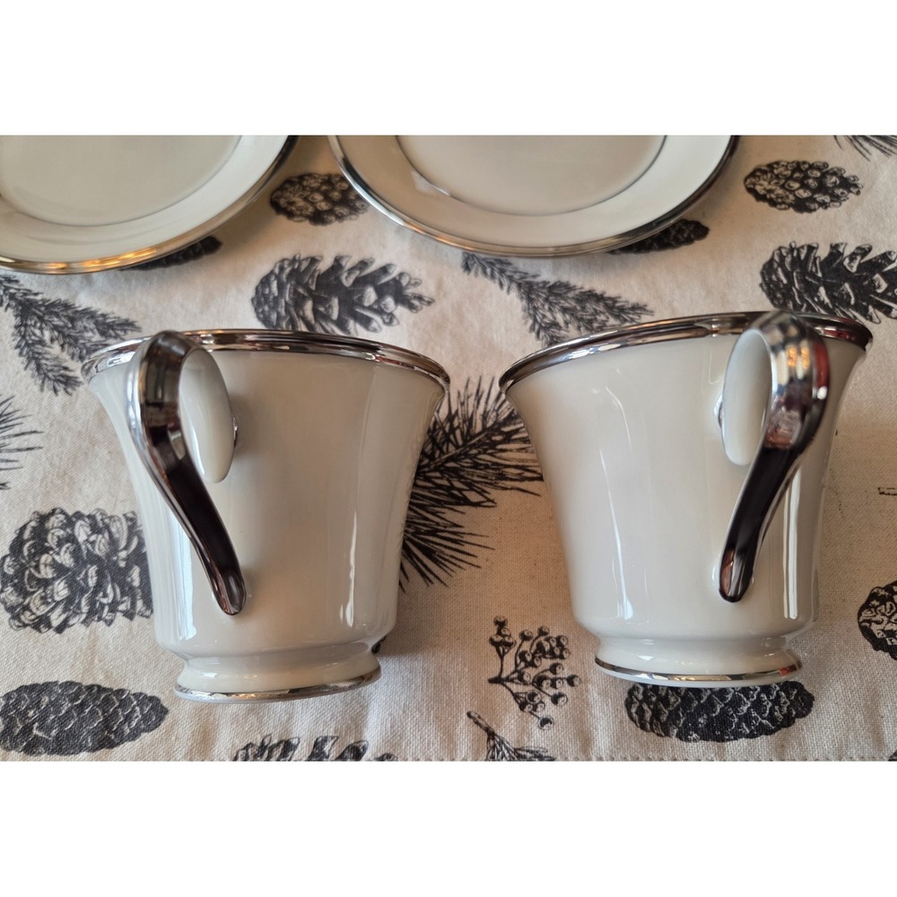 Lenox Solitaire 2 Sets Cup and Saucer Dishwasher Safe Platinum‎ Trim - Picture 5 of 6